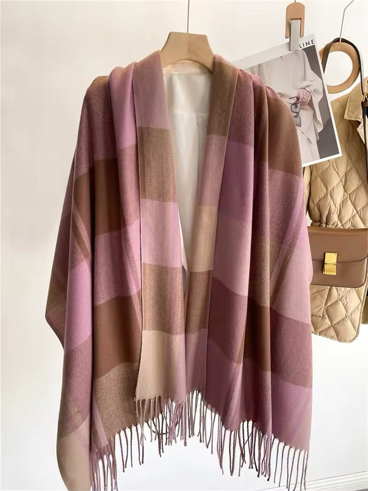 Men & Women Checked Pattern Cashmere Touch Scarf - Warm Fringe Shawl