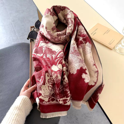 Luxury Women Floral Cashmere Touch Landscape Scarf - Warm Fringe Shawl