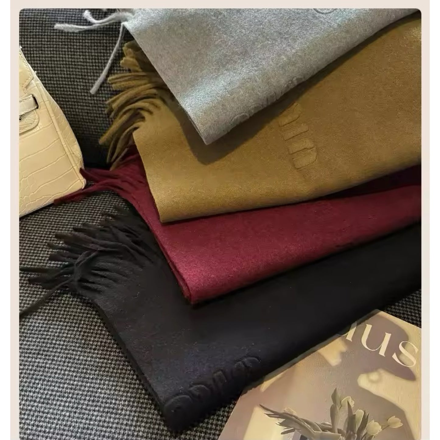 Women & Men Wool Scarf Embossed Simple Warm Muffler Cashmere Thick Fringed Shawl Women Woollen