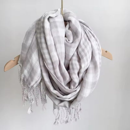 Men & Women Checked Pattern Cashmere Touch Scarf - Warm Fringe Shawl