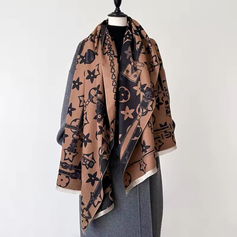 Luxury Women Floral Cashmere Touch Flower Scarf - Warm Fringe Shawl