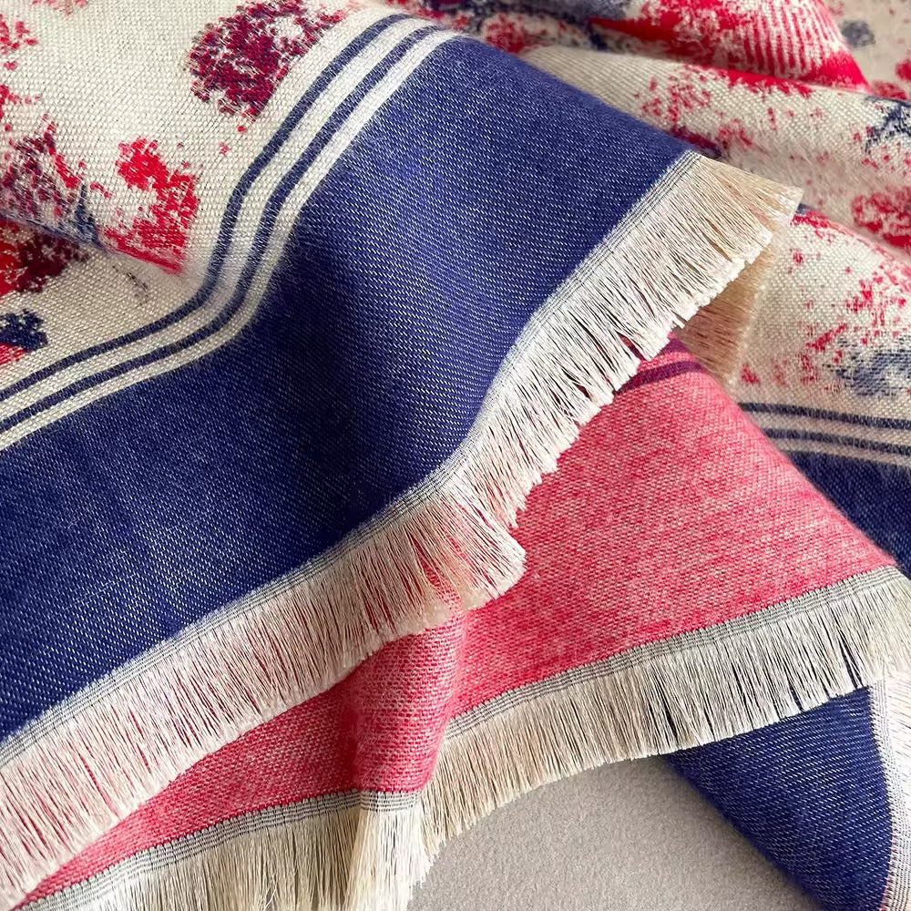 Luxury Women Floral Cashmere Touch Flower Scarf - Warm Fringe Shawl