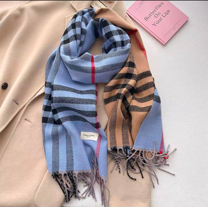 Men & Women Checked Pattern Cashmere Touch Scarf - Warm Fringe Shawl