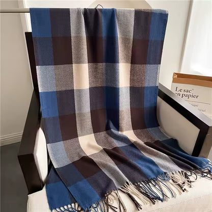 Men & Women Checked Pattern Cashmere Touch Scarf - Warm Fringe Shawl