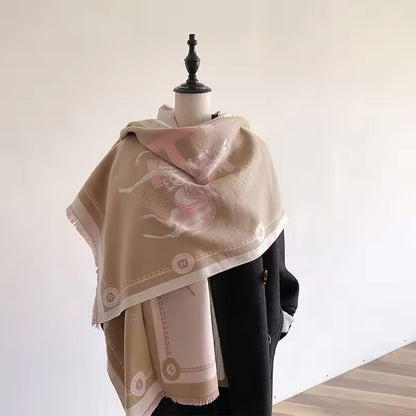 Luxury Women Limited Edition Horse Design Cashmere Touch Scarf - Warm Fringe Shawl
