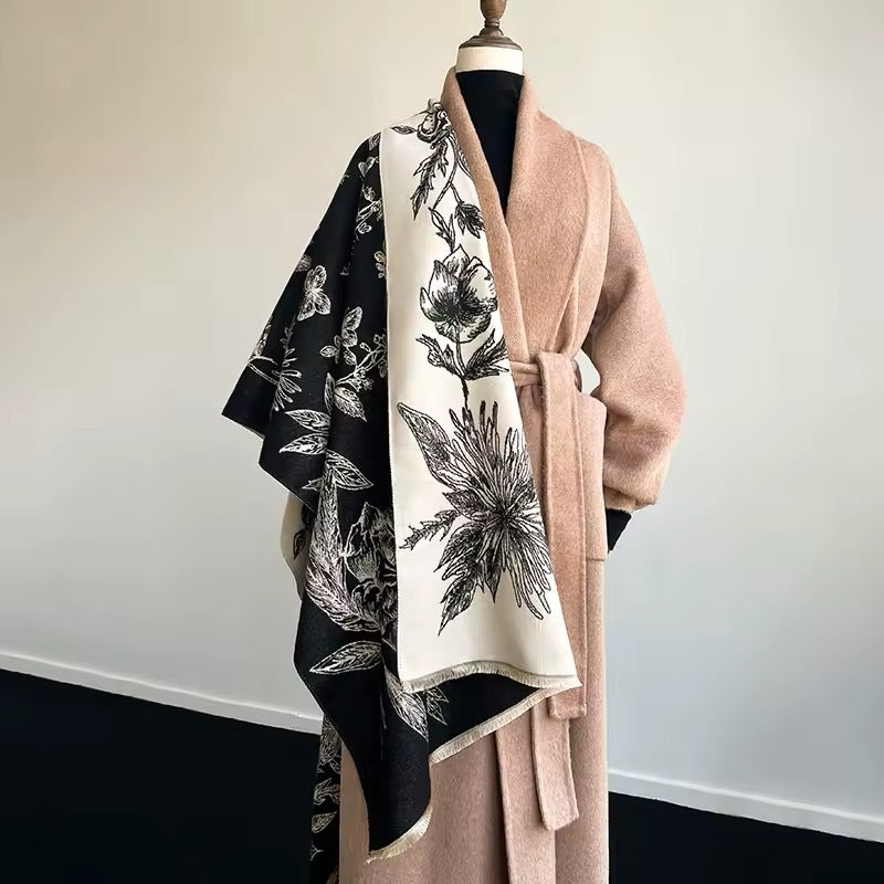 Luxury Women Floral Cashmere Touch Double Sided Flower Scarf - Warm Fringe Shawl