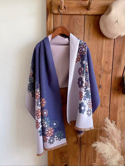 Luxury Women Floral Cashmere Touch Flower Scarf - Warm Fringe Shawl