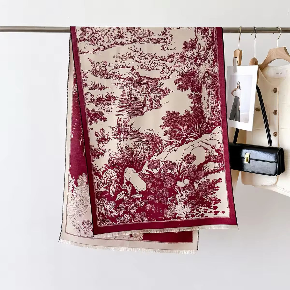 Luxury Women Floral Cashmere Touch Landscape Scarf - Warm Fringe Shawl