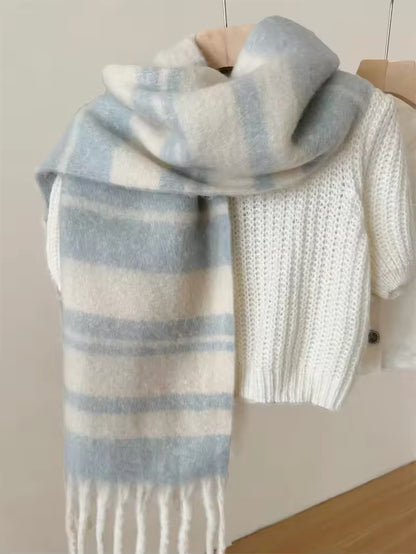 Women & Men Wool Scarf Winter High-End Autumn Winter Versatile Mohair Thickened Striped Meridian Shawl Women Woollen