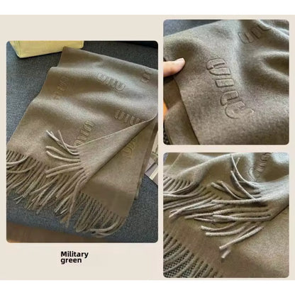 Women & Men Wool Scarf Embossed Simple Warm Muffler Cashmere Thick Fringed Shawl Women Woollen