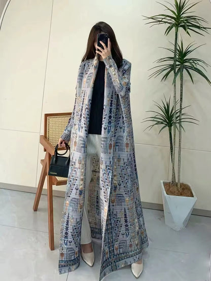 Women Split Abaya Vintage Printed Design Lapel Long Sleeved Open Front Cardigan Loose Big Collar