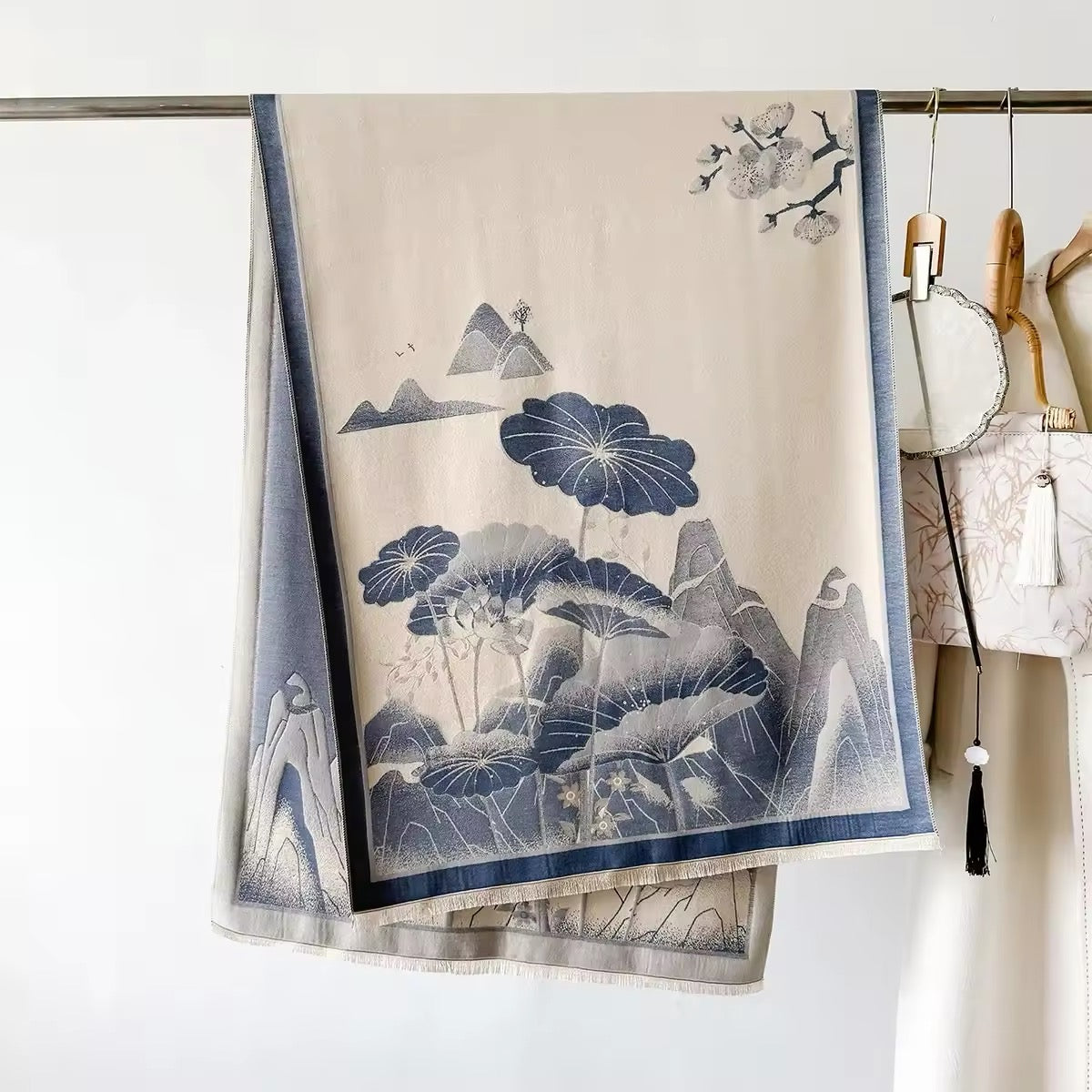 Luxury Women Floral Cashmere Touch Landscape Scarf - Warm Fringe Shawl