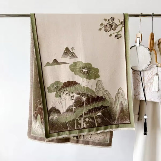 Luxury Women Floral Cashmere Touch Landscape Scarf - Warm Fringe Shawl