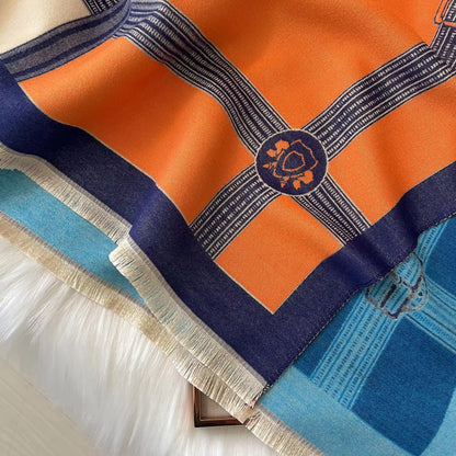 Luxury Women Limited Edition Horse Design Cashmere Touch Scarf - Warm Fringe Shawl