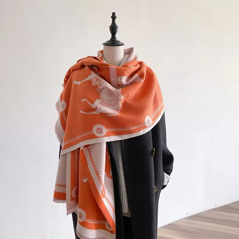 Luxury Women Limited Edition Horse Design Cashmere Touch Scarf - Warm Fringe Shawl