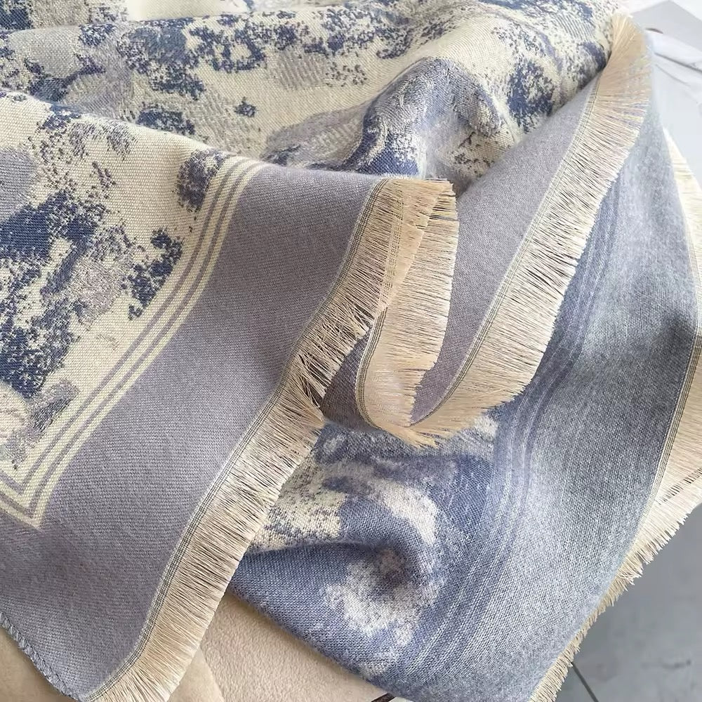 Luxury Women Floral Cashmere Touch Flower Scarf - Warm Fringe Shawl