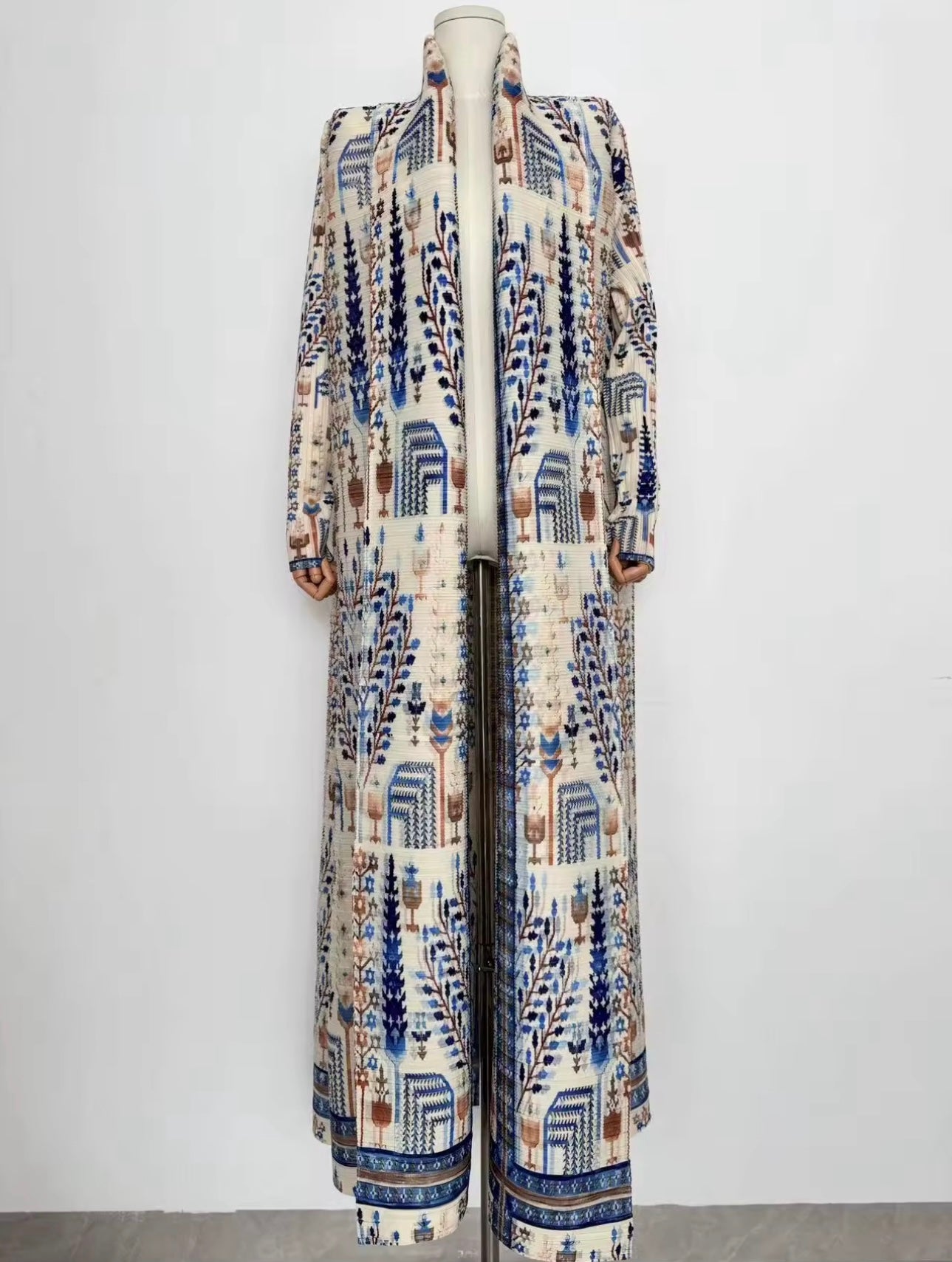 Women Split Abaya Vintage Printed Design Lapel Long Sleeved Open Front Cardigan Loose Big Collar