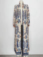 Women Split Abaya Vintage Printed Design Lapel Long Sleeved Open Front Cardigan Loose Big Collar