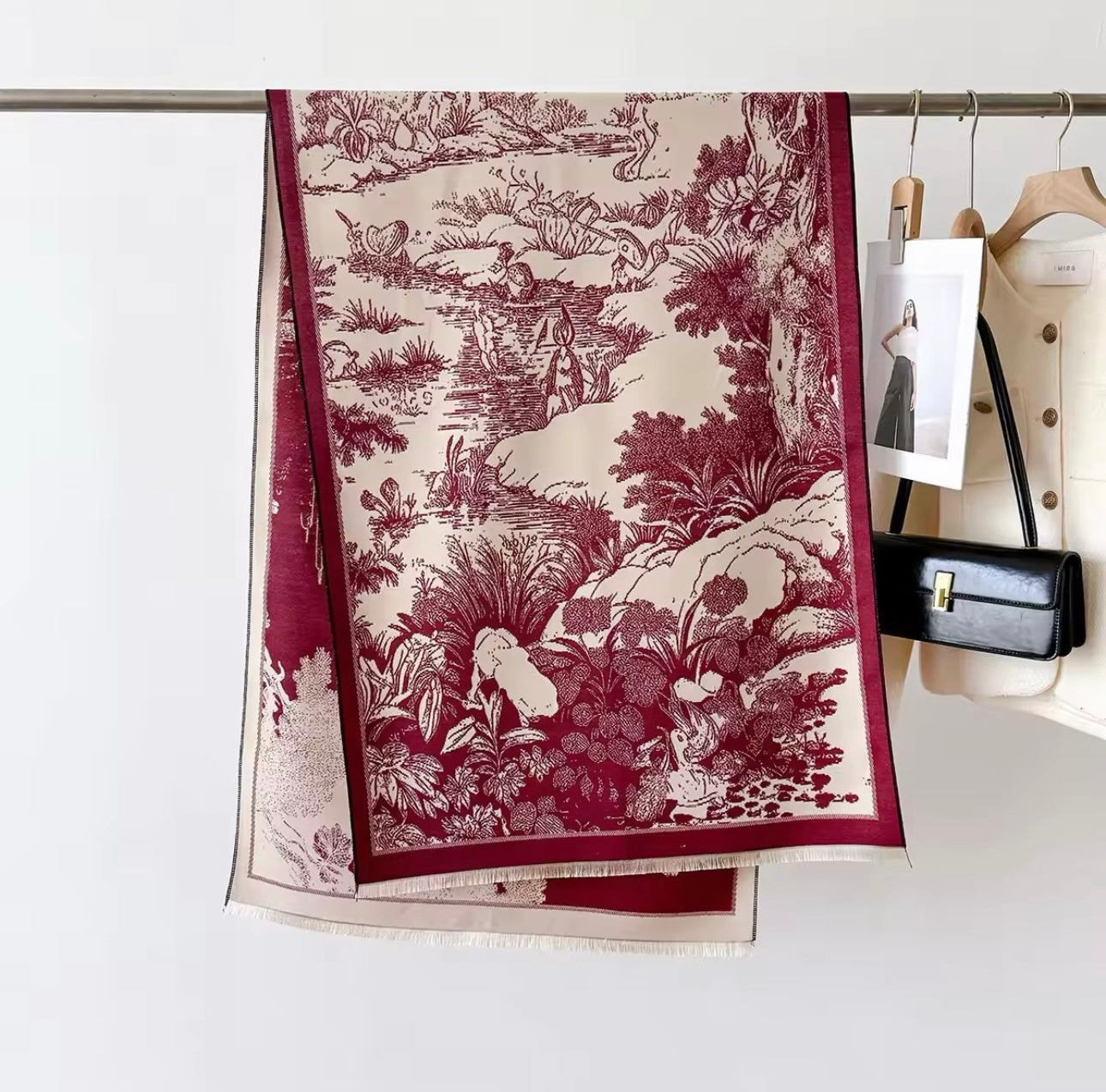 Luxury Women Floral Cashmere Touch Landscape Scarf - Warm Fringe Shawl