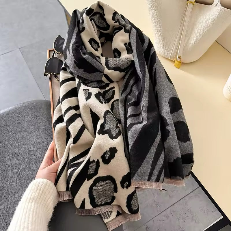 Tiger and Leopard Print Scarf Thickened Warm Cashmere Double Sided Shawl Women Allure