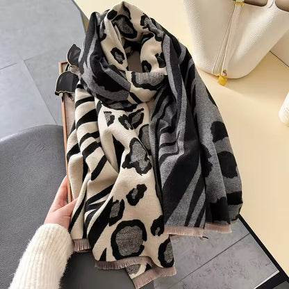 Tiger and Leopard Print Scarf Thickened Warm Cashmere Double Sided Shawl Women Allure