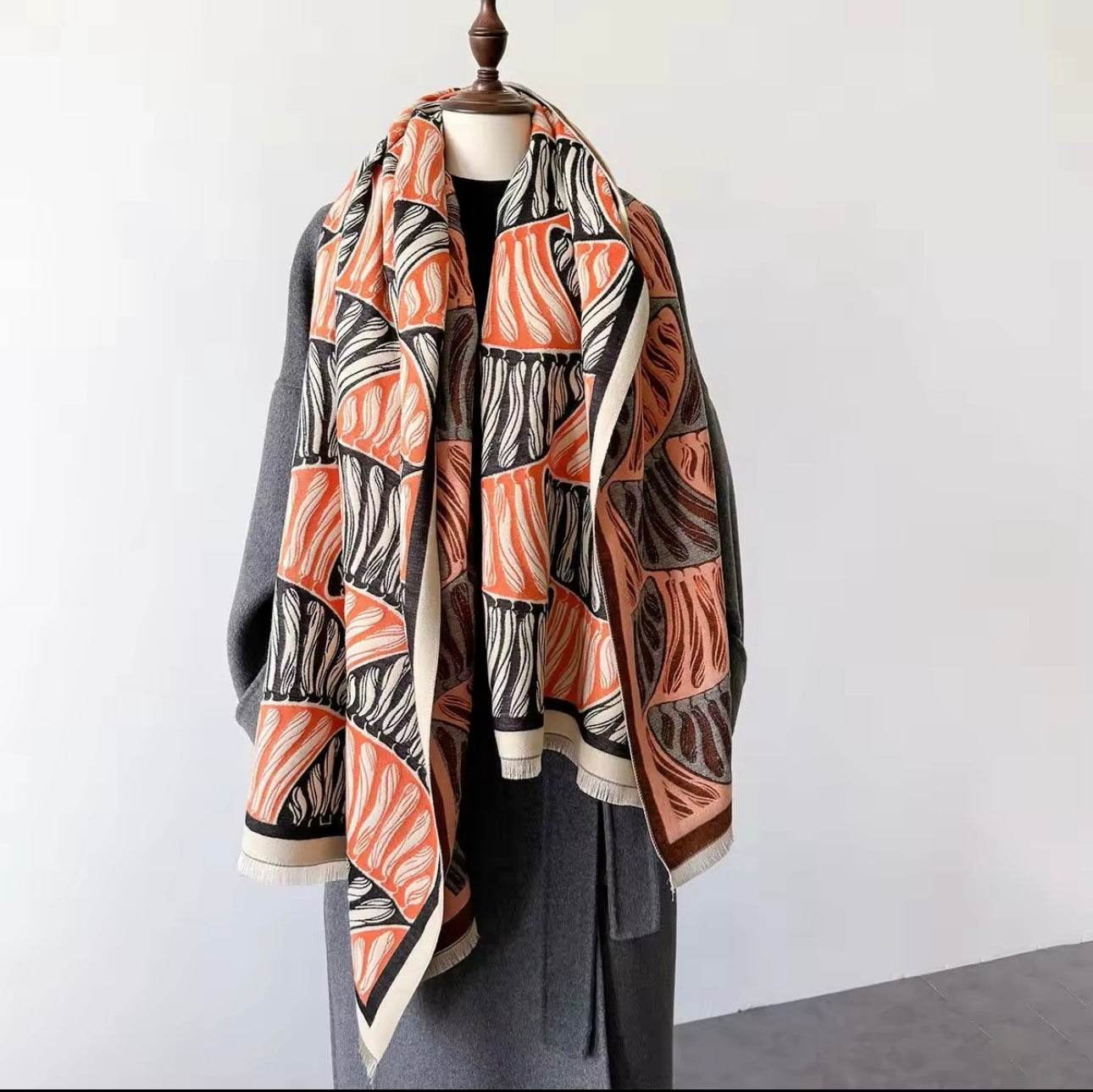 Luxury Women Floral Cashmere Touch Leaves Scarf - Warm Fringe Shawl