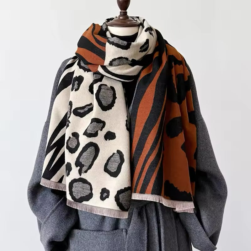 Tiger and Leopard Print Scarf Thickened Warm Cashmere Double Sided Shawl Women Allure