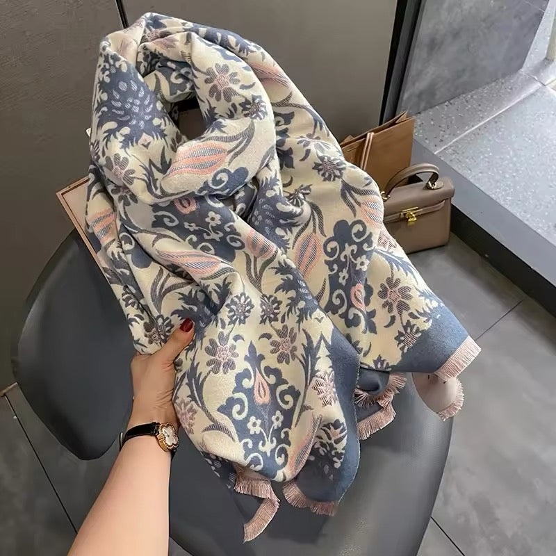Luxury Women Classic Pashmina Double Sided Cashmere Touch Scarf - Warm Fringe Women Floral Shawl