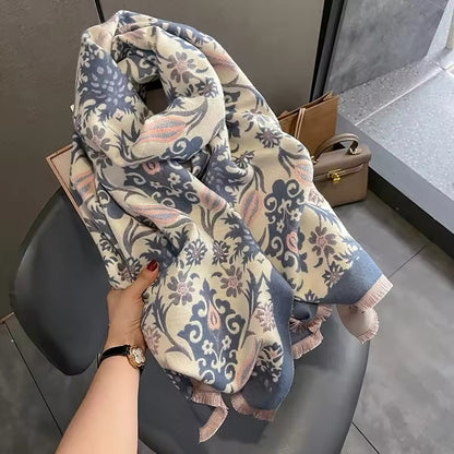 Luxury Women Classic Pashmina Double Sided Cashmere Touch Scarf - Warm Fringe Women Floral Shawl