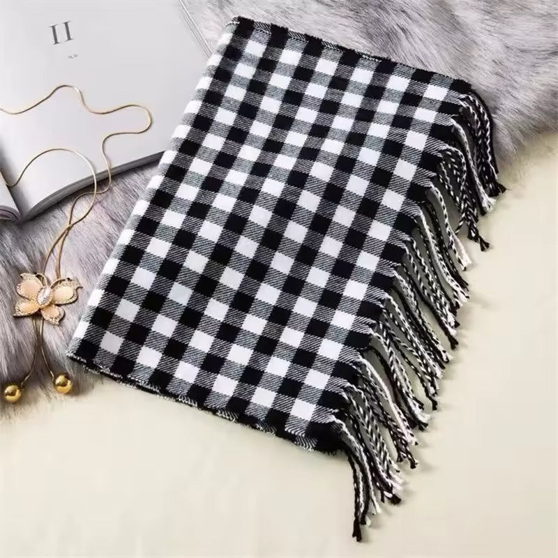 Men &  Women Checked Pattern Cashmere Touch Scarf - Warm Fringe Shawl