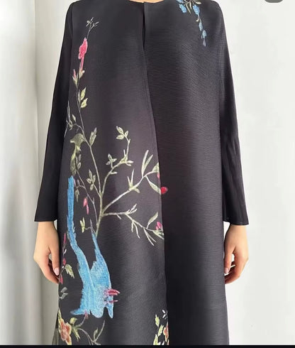 Women Split Abaya Vintage Printed Design Lapel Long Sleeved Loose Big Collar Tied Open Front Burqa