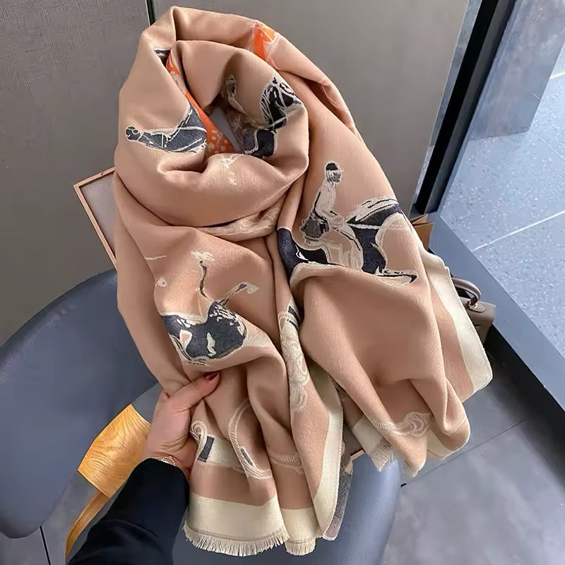 Luxury Women Limited Edition Horse Design Cashmere Touch Scarf - Warm Fringe Shawl
