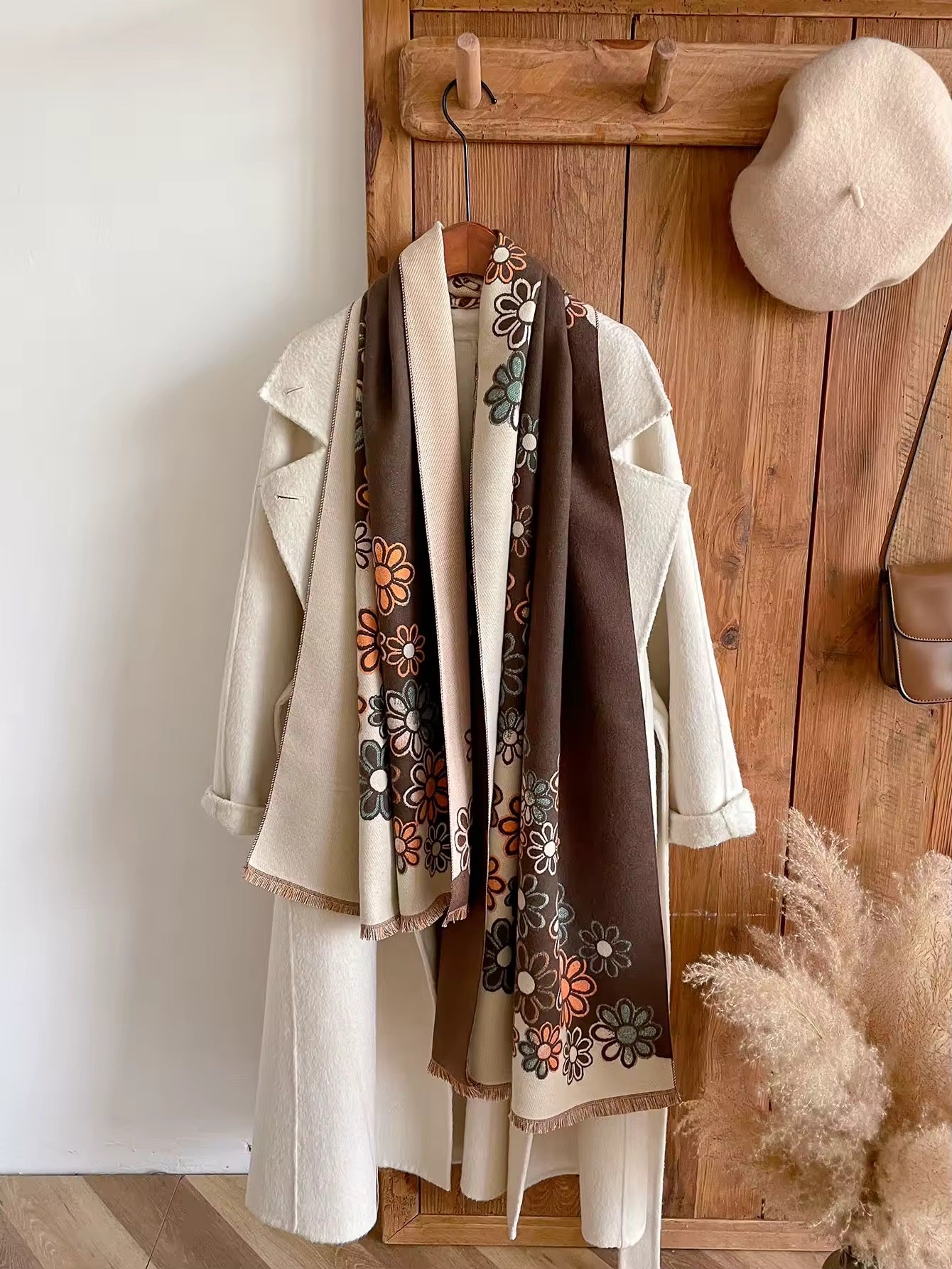 Luxury Women Floral Cashmere Touch Flower Scarf - Warm Fringe Shawl