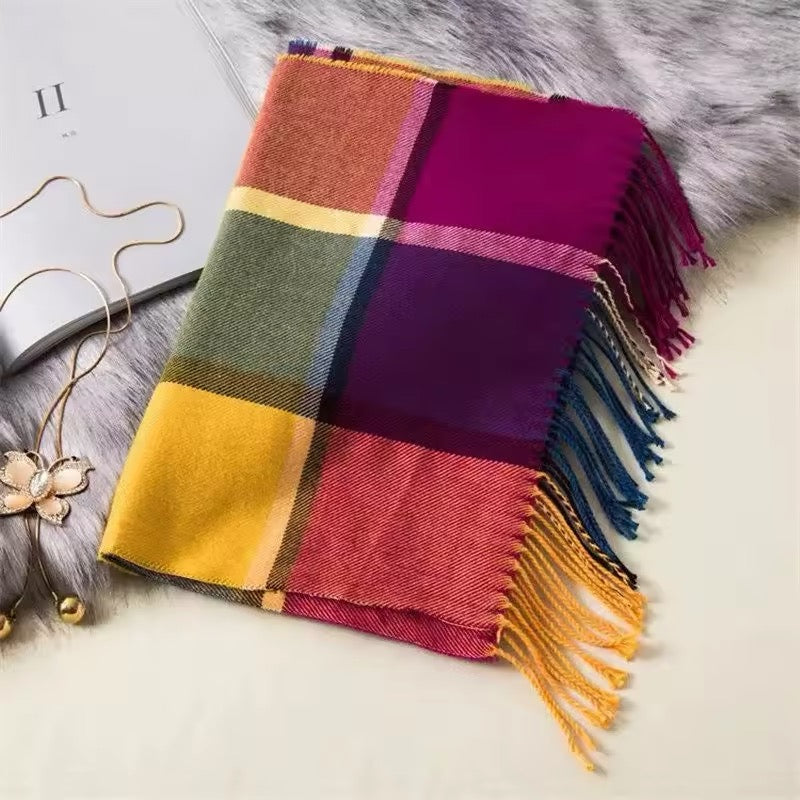 Men &  Women Checked Pattern Cashmere Touch Scarf - Warm Fringe Shawl