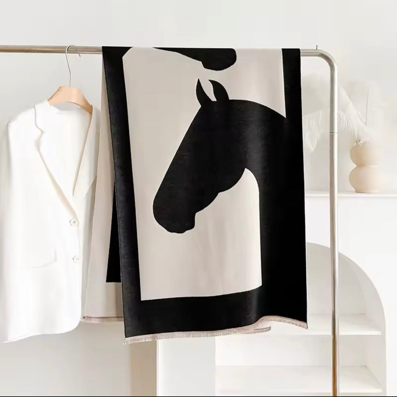 Luxury Women Limited Edition Horse Design Cashmere Touch Scarf - Warm Fringe Shawl