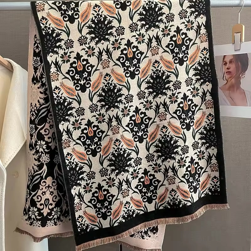 Luxury Women Classic Pashmina Double Sided Cashmere Touch Scarf - Warm Fringe Women Floral Shawl