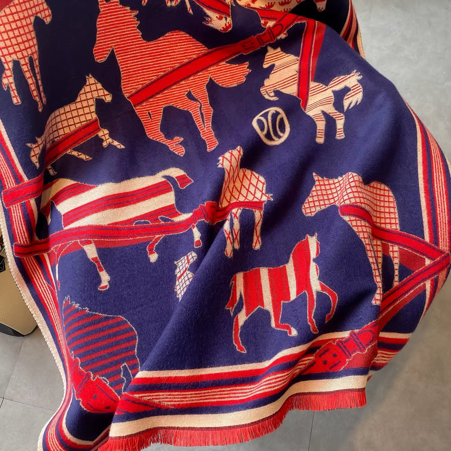 Luxury Women Limited Edition Horse Design Cashmere Touch Scarf - Warm Fringe Shawl