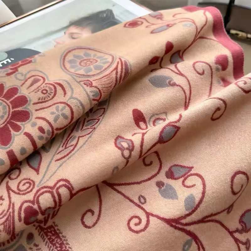 Luxury Women Floral Cashmere Touch Flower Scarf - Warm Fringe Shawl