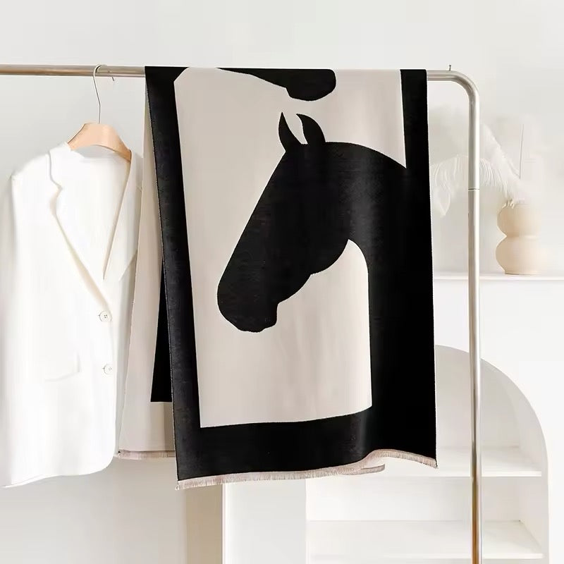 Luxury Women Limited Edition Horse Design Cashmere Touch Scarf - Warm Fringe Shawl