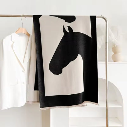 Luxury Women Limited Edition Horse Design Cashmere Touch Scarf - Warm Fringe Shawl