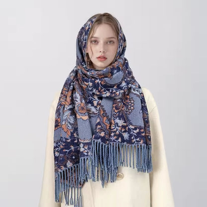 Luxury Women Classic Pashmina Double Sided Cashmere Touch Scarf - Warm Fringe Women Floral Shawl