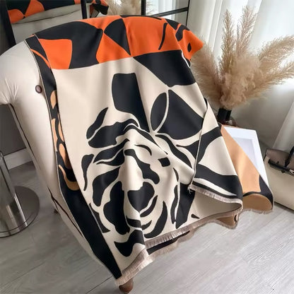 Luxury Women Floral Cashmere Touch Flower Scarf - Warm Fringe Shawl