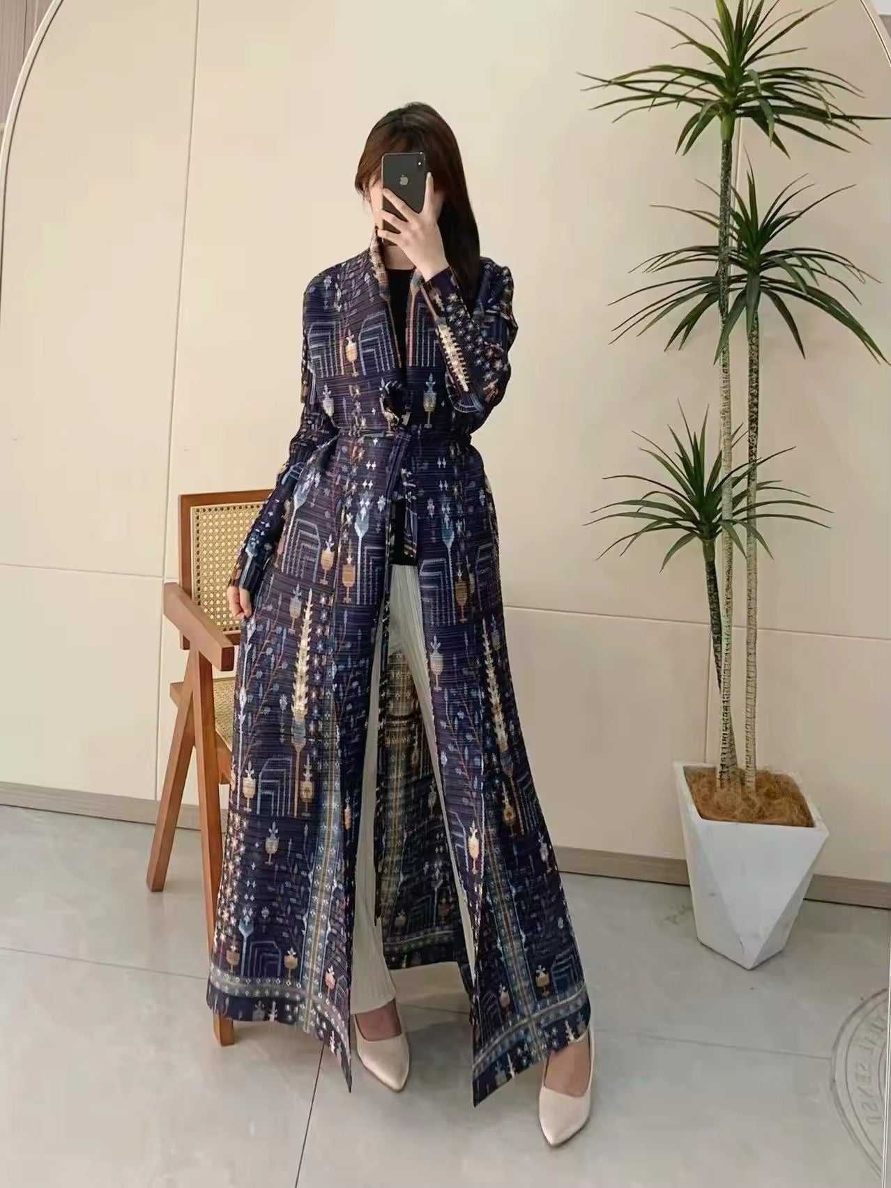 Women Split Abaya Vintage Printed Design Lapel Long Sleeved Open Front Cardigan Loose Big Collar