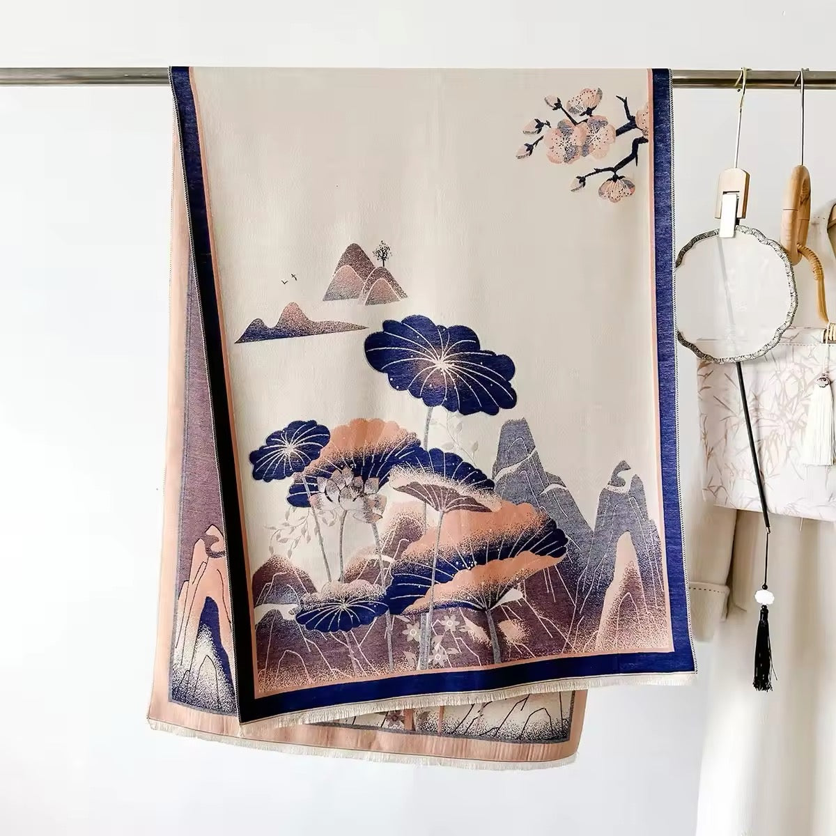 Luxury Women Floral Cashmere Touch Landscape Scarf - Warm Fringe Shawl