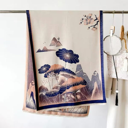 Luxury Women Floral Cashmere Touch Landscape Scarf - Warm Fringe Shawl