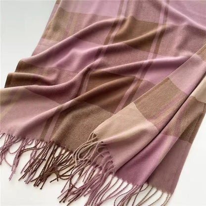 Men & Women Checked Pattern Cashmere Touch Scarf - Warm Fringe Shawl