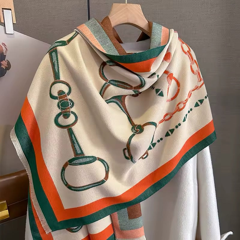 Luxury Women Limited Edition Horse Design Cashmere Touch Scarf - Warm Fringe Shawl