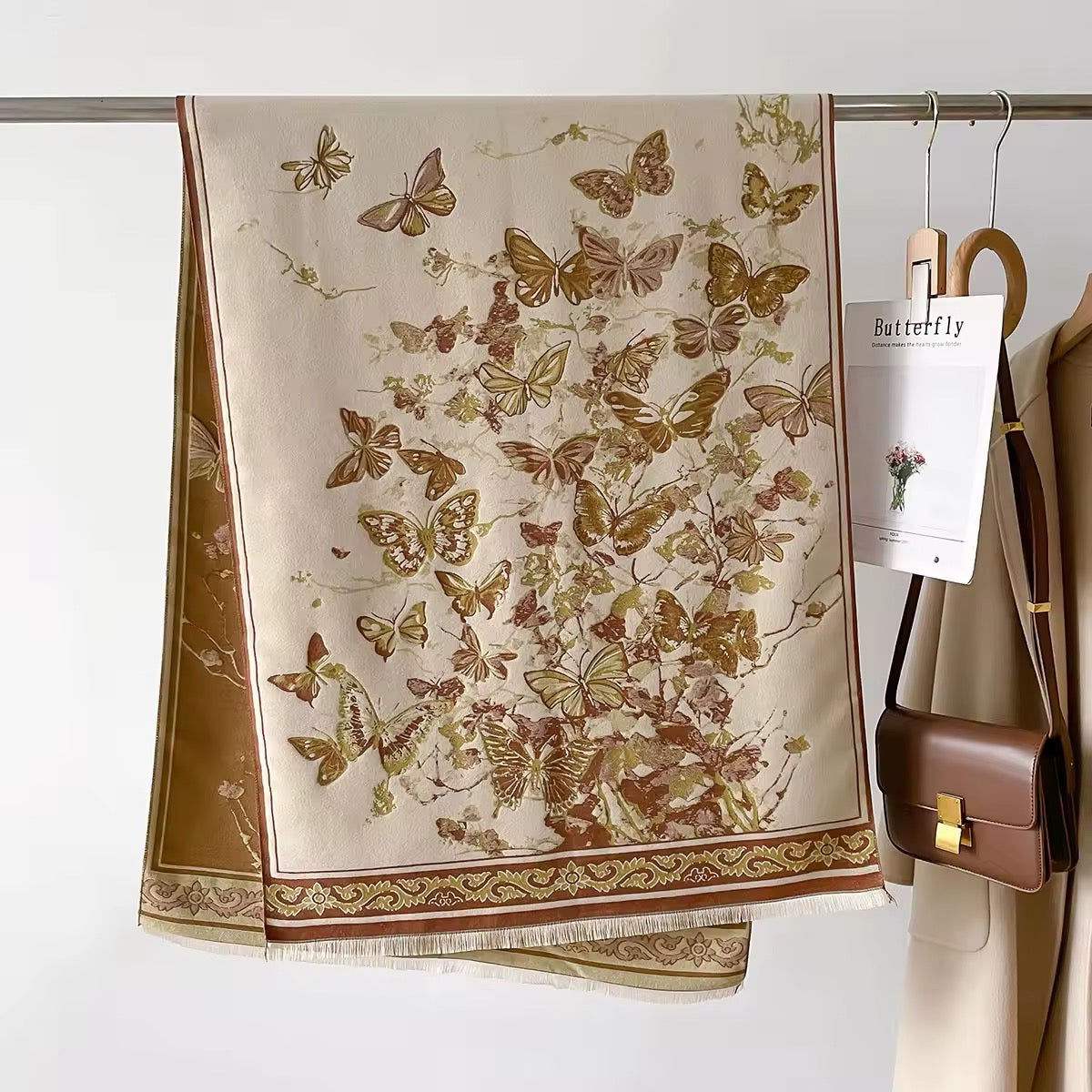 Luxury Women Floral Cashmere Touch Double Sided Butterfly Scarf - Warm Fringe Shawl