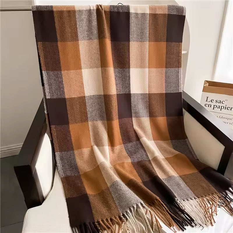 Men & Women Checked Pattern Cashmere Touch Scarf - Warm Fringe Shawl