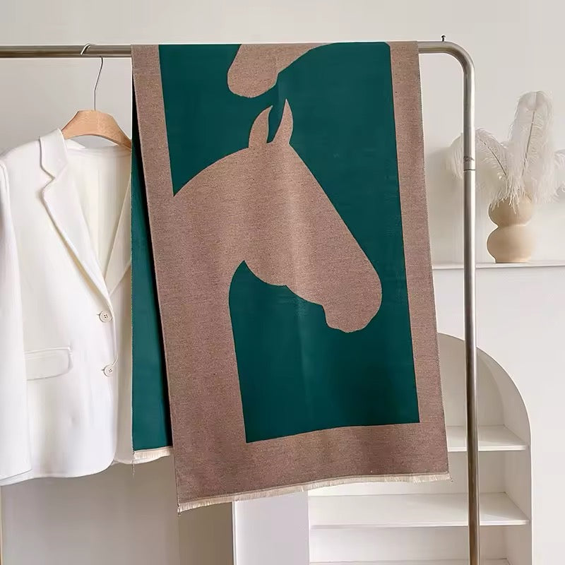 Luxury Women Limited Edition Horse Design Cashmere Touch Scarf - Warm Fringe Shawl